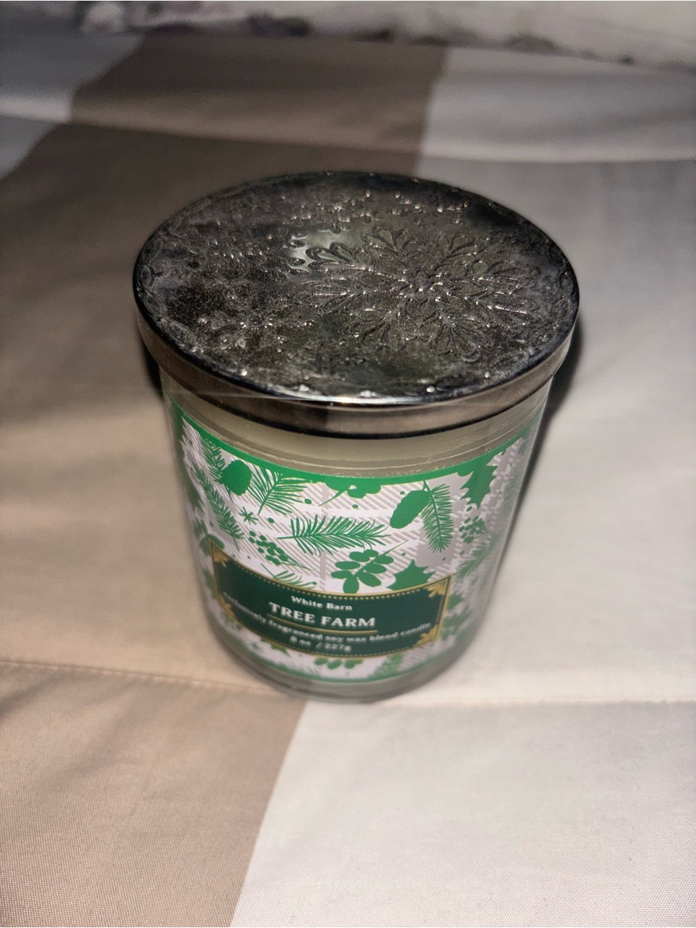 White Barn Green and Silver Tree Farm Decorative Candle